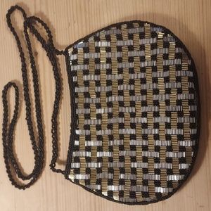 VINTAGE Beaded Shoulder Bag Clutch metallic black silver gold